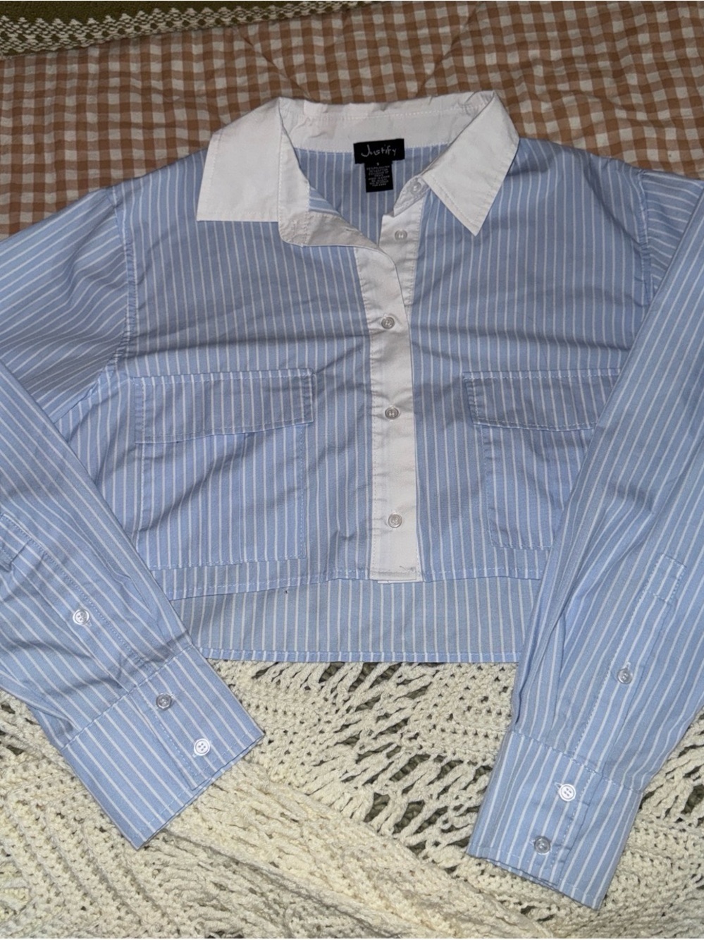 JustFab Blue & White Striped Button-Down Shirt with Contrasting White Collar